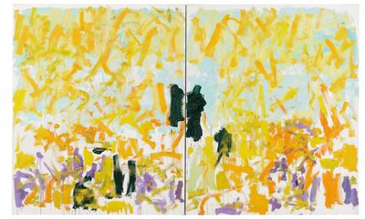 Joan Mitchell, Cypress (1980). Oil on canvas. Diptych: 86 5/8 x 142 inches. Fondation Louis Vuitton, Paris. Part of the exhibition Monet/Mitchell: Painting the French Landscape at Saint Louis Art Museum, 24 March to 25 June, 2023. © Estate of Joan Mitchell.