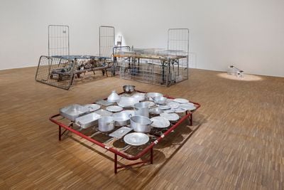 Khalil Rabah, Relocation, Among Other Things (2018). Mixed media installation, variable dimensions. Exhibition view: Kunstverein Salzburg 2022. Photo: Andrew Phelps © 2022.