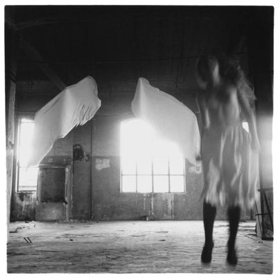 Francesca Woodman, from Angel series, Rome, Italy (1977). Vintage gelatin silver print. 3 1/8 x 3 1/8 inches (7.9 x 7.9 cm)Paper: 5 x 7 inches (12.7 x 17.8 cm). © Woodman Family Foundation / Artists Rights Society (ARS), New York.