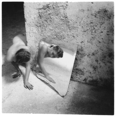 Francesca Woodman, Self-deceit #1, Rome (1978). Vintage gelatin silver print. 3 1/2 x 3 1/2 inches (8.9 x 8.9 cm). Paper: 9 3/8 x 7 inches (23.8 x 17.8 cm). © Woodman Family Foundation / Artists Rights Society (ARS), New York.