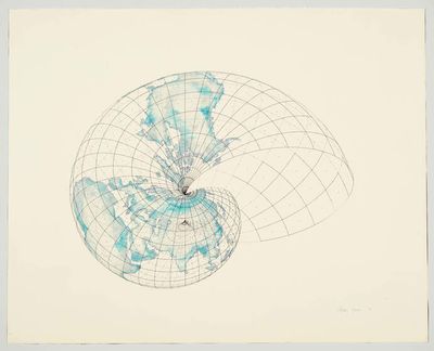 Agnes Denes, Isometric Systems in Isotropic Space - Map Projections, The Snail (1979). Watercolour, pen, ink, and silkscreen on paper, Mylar. 61 x 76 cm.