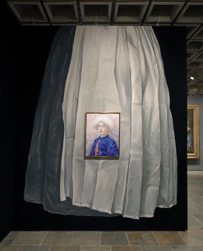 Nicolas Party's Drapery (Jean-Étienne Liotard, The Chocolate Girl), with Portrait. Right wall of installation at Frick Madison. Photo: Joseph Coscia Jr.