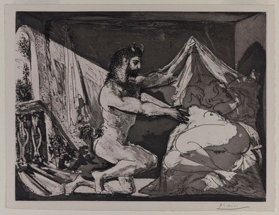 Pablo Picasso, Faun Uncovering a Sleeping Woman (1936); from the Vollard Suite, printed 1939. Aquatint on laid paper. 34.1 x 44.5 cm. Brooklyn Museum; Gift of The Roebling Society in honour of Jo Miller and Designated Purchase Fund, 75.81. © 2023 Estate of Pablo Picasso / Artists Rights Society (ARS), New York. Photo: Brooklyn Museum.