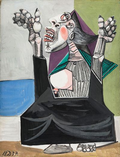 Pablo Picasso, The Supplicant Woman (December 1937). Gouache on wood. 24 x 18.5 cm. Musée national Picasso/Paris/France; MP18. © 2023 Estate of Pablo Picasso / Artists Rights Society (ARS), New York. Photo: Mathieu Rabeau, © RMN-Grand Palais / Art Resource, New York.