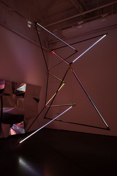 James Clar, The Center of Gravity (Hip Tensegrity) (2023). Steel, Wire, LEDs, Filters. 420 x 275 x 220 cm. 165 3/8 x 108 1/4 x 86 5/8 inches.