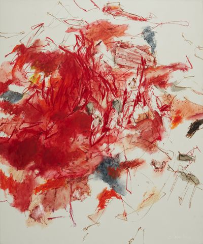 Christine Ay Tjoe, The Team of Red (2013). Oil on canvas. 150 x 125 cm. Estimate: SG $650,000–1.3 million (US $481,000–962,000).