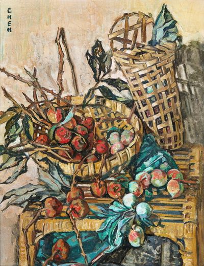 Georgette Chen, Lychees and Peaches (1940–45). Oil on canvas. 65 by 50 cm. Estimate: over SG $1.2 million (US $890,000.)