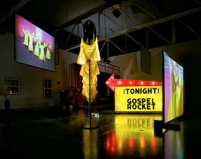 Mike Kelley, Extracurricular Activity Projective Reconstruction #27 (Gospel Rocket) (2004–2005). Mixed media with video projections. 228.6 × 508 × 563.9 cm. © Mike Kelley Foundation for the Arts. All rights reserved/Licensed by VAGA at Artists Rights Society (ARS), New York. Photo: Fredrik Nilsen.