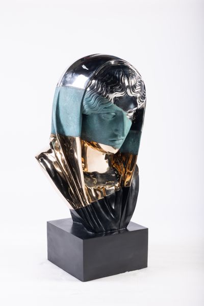 Daniel Arsham, Stratified Bust of Veiled Woman (2023). Stainless steel, patinated bronze, and polished bronze. 39 3/8 x 19 3/8 x 21 7/8 inches.