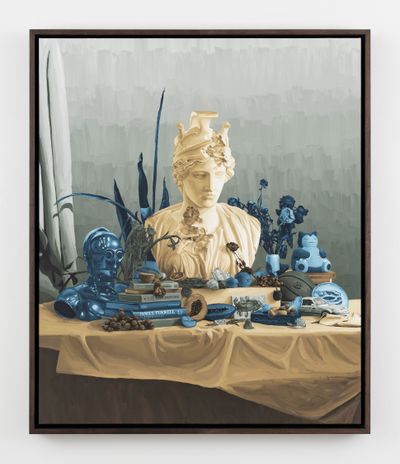 Daniel Arsham, Still Life with Bust of Deified Rome (2023). Acrylic on canvas. Framed: 75 1/2 x 63 1/2 inch. Photo: Claire Dorn.