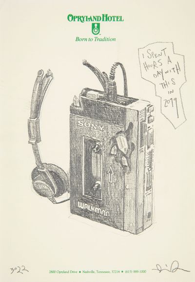 Daniel Arsham, Opryland Hotel: Study for Eroded Cassette Player, (2023). Graphite on paper. 10 1/2 x 7 1/4 inch.