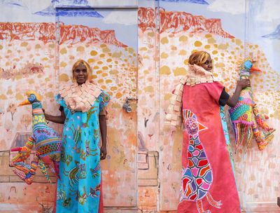 Helen Ebatarinja, wearing her mother Roxanne Partick’s rooster dress and rooster soft sculpture. Photos by Ellanor Webb.