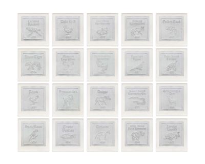 Rirkrit Tiravanija, untitled 2020 ('embossed nature morte' series) (2023). Embossing and silver foiling on paper. 79.5 x 76.5 x 4.5 cm each.
