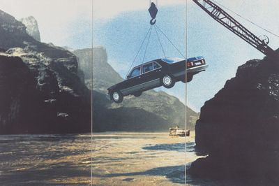 Zhao Bandi, Sinking Mercedes-Benz into Yellow River (1997). Laser print on canvas. 160 x 240 x 3 cm. M+ Sigg Collection, Hong Kong. By donation. © Zhao Bandi.