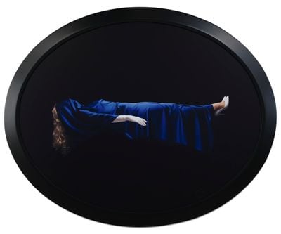 Sarah Charlesworth, Levitating Woman (1992–93). Cibachrome with lacquered wood frame.