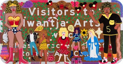 Kaylene Whiskey, Visitors to Iwantja Arts (2022). Water-based enamel on steel road-sign, 120 x 230 cm.