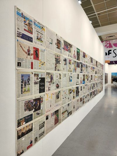 Choi Byung-So, Untitled 012 (2012). Ballpoint pen and pencil on newspaper (The Times). Exhibition view: Kiaf SEOUL (6–10 September 2023).