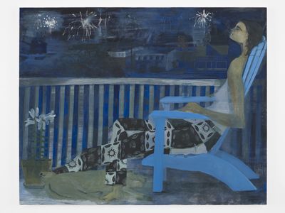 Aubrey Levinthal, Fireworks (for Joan Brown) (2023). Oil on panel. 121.9 x 152.4 cm.