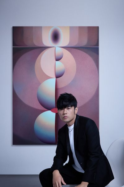 Jay Chou with Loie Hollowell's Standing in a Sunrise (2020). Oil, acrylic medium, sawdust and high-density foam on linen mounted on panel. 183 x 137.4 x 9.5 cm. Estimate: HK $7 million–9 million (U.S. $900,000–1,100,000).