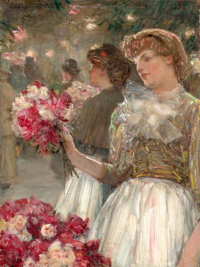 Childe Hassam, Flower Girls (Peonies) (1888–1889). Oil on canvas, 32.4 x 24.8 cm.