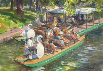 John Whorf, Swan Boat, Boston Public Gardens (ca. 1955).__Watercolor and graphite on paper, 38.1 x 55.6 cm.
