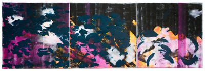 Sharon Stone, Pinstripe Dreams (2023). Acrylic on canvas, triptych. 60 x 182 cm.