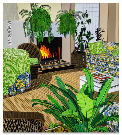Jonas Wood, Interior with Fireplace (2012). Oil and acrylic on canvas, 259.1 x 234.3 cm.