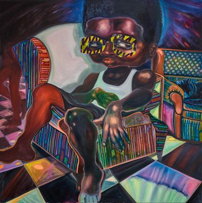 Ndidi Emefiele, Sofa Snooze (2023). Acrylic and textile on canvas. 160 x 160 cm.