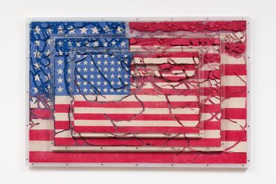 Yukinori Yanagi, Study for American Art–Three Flags (2019). Ants, coloured sand and plastic box, 81.3 x 121.9 cm. © YANAGI STUDIO.