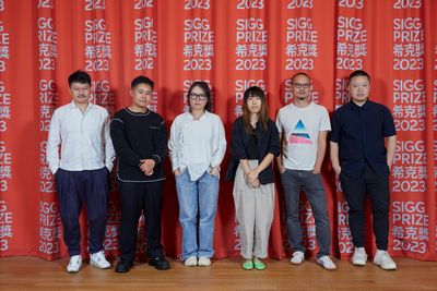 Sigg Prize 2023 finalists (left to right): Trevor Yeung, Jes Fan, Miao Ying, Yu Ji, Xie Nanxing, and Wang Tuo. Photo: Dan Leung.