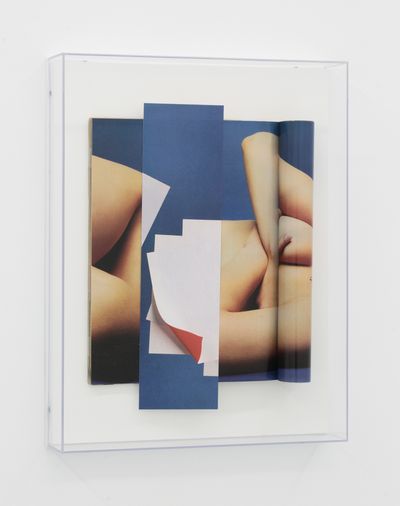 Zoë Croggon, Centrefold (2022). Collage of found images and glue on paper, Perspex frame. 47.6 x 36.7 x 7 cm framed.