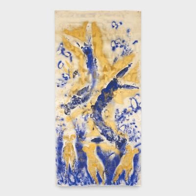 Yves Klein, Untitled Anthropometry (1960). Dry pigment, synthetic resin, and gold leaf on paper mounted on canvas, 418 x 205 x 2.5cm. © The Estate of Yves Klein, Artists Rights Society (ARS), New York, ADAGP, Paris.