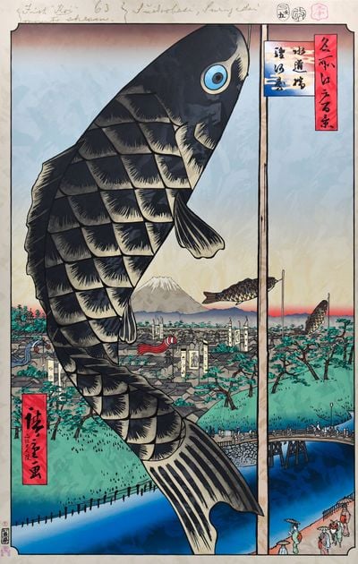 Takashi Murakami, Hiroshige's 100 Famous Views of Edo: Japonisme Reconsidered—Suidō Bridge and Surugadai (2024). Acrylic on canvas mounted on wood panel, 350 x 227.5 cm. © 2024 Takashi Murakami/Kaikai Kiki Co., Ltd. All Rights Reserved.