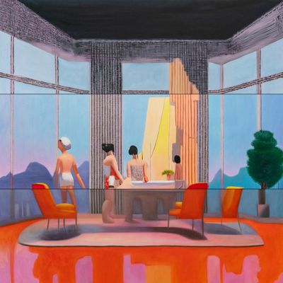 Mak2, Home From Home: Art Survivors 5 (2024). Oil and acrylic on canvas, triptych, 100 x 100 cm.