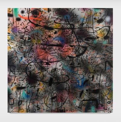 Julie Mehretu, Everywhen (2021–2023). Ink and acrylic on canvas, 304.8 x 304.8 cm.