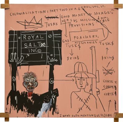 Jean-Michel Basquiat, Native Carrying Some Guns, Bibles, Amorites on Safari (1982). Acrylic and oilstick on canvas on wood supports, 183.2 x 182.2cm.