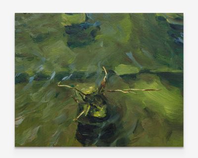 Shen Xin, submerge - a specific body of water (2023). Oil on wood. 40.64 x 50.8 cm.