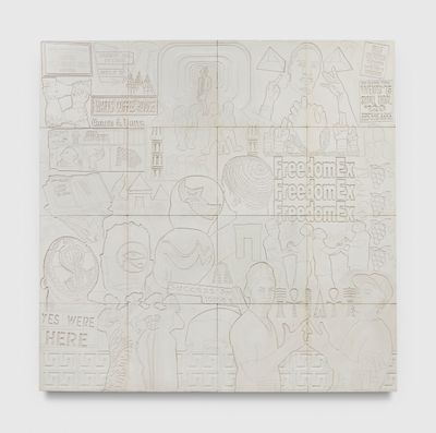 Lauren Halsey, FreedomEx (2022). Gypsum on wood. 238.8 x 239.1 x 1.6 cm. The Metropolitan Museum of Art, Purchase, Lila Acheson Wallace Gift, 2022.