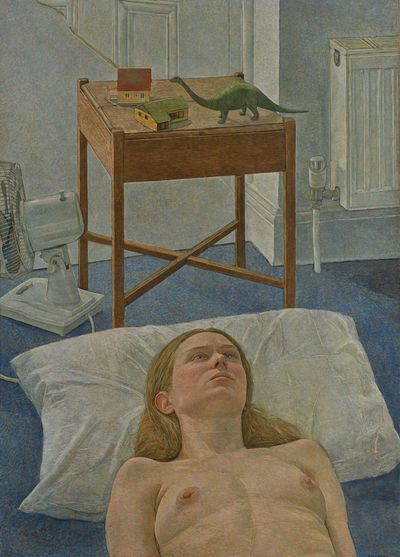 Antony Williams, Jacqueline with Still Life (2020). Egg tempera on wooden board. 1222 x 668 mm.