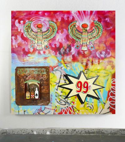 Navin Norling, Freebird, (Free as a Bird) (c. 2024). Wood panel, acrylic, ink, spray paint, gold leaf, paper, metal, shelf, bottles. 96 in x 96 in.