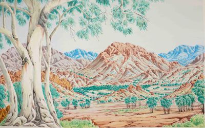 Hubert Pareroultja, West MacDonnell Ranges, Hugh River (2023). Watercolour on paper.