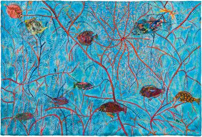 Pacita Abad, Hundred Islands (1989). Oil, acrylic, glitter, gold thread, buttons, lace, sequins on stitched and padded canvas.
