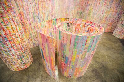 Mit Jai Inn, Planes (Electric) (2019), installation view, 'Encounters', Art Basel Hong Kong. Oil on canvas.