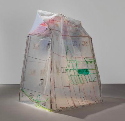 Zhang Meng, A Folded House (2020–2021). Plastic, acrylic, oil paint, oil pastel, iron wire. 195 x 164 x 100 cm.~~