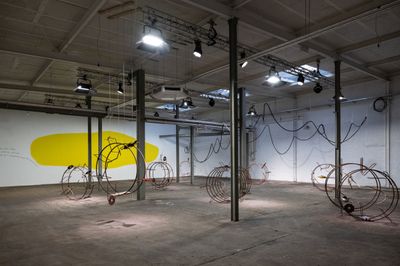 Exhibition view: Iza Tarasewicz, Turba Turbo – Arena and Nedko Solakov, Yellow Blob, Art Collection Telekom, Hallen 05, Berlin (2024).