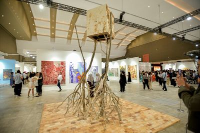 Syaiful Garibaldi, Antara Muara (2024). Wood, mycelium leather. 400 x 250 x 250 cm.