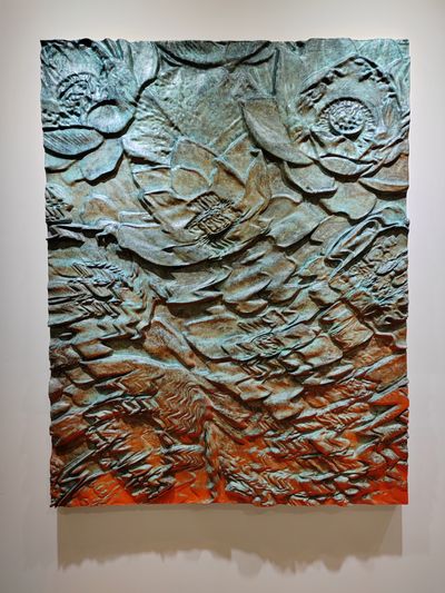 Jemana Murti, Future Relic, Jade Lotus (2024). 3D-printed PETG, bronze particles, and acrylic on PVC and aluminium. 180 x 140 cm.