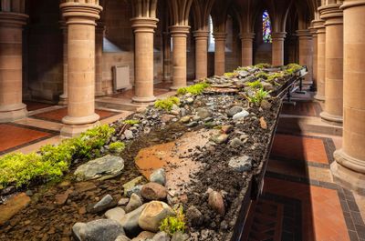 Abbas Akhavan, variations on a folly (2022). Scaffold, plywood, pond liner, aggregate, clay, garden silt, soil, rocks, water, pond pump and tubing, plants sourced from the gardens, hardware, full spectrum lights. Dimensions variable. Exhibition view: study for a garden, Mount Stuart House, Isle of Bute, U.K. (30 April–2 October 2022).