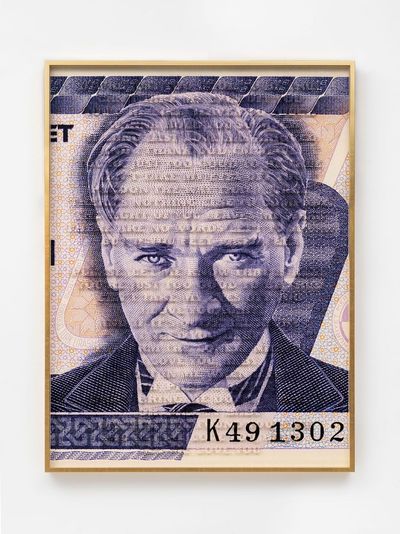 Carlos Aires, Can’t Take My Eyes Off You (2024). From the series ‘Love Song From Time Of Crisis’, Turkey Banknote. Cotton archival photo paper, gold pins, cardboard, gold-leaf film on wooden frame, museum glass. 160 x 120 x 10 cm. Edition of 3 + 2 AP.