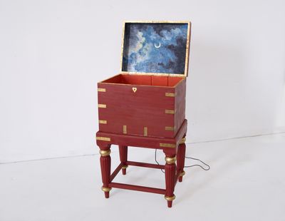 Bhasha Chakrabarti, Ajaibghar (Malkauns) (2024). Found furniture, oil paint, single channel sound.